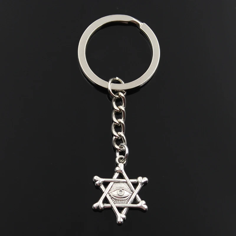 Fashion Keychain 25x20mm Demon Eye Star Of David Shield Hexagram Silver Color Pendants DIY Men Car Key Chain Ring Jewelry Gift | Украшения
