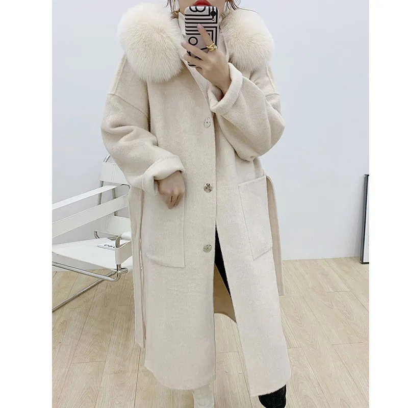 Cashmere Woolen Women Size Coat Long Sleeve Real Fox Fur Hooded Loose Casual Jacket Wool Oversize Overcoat - AliExpress