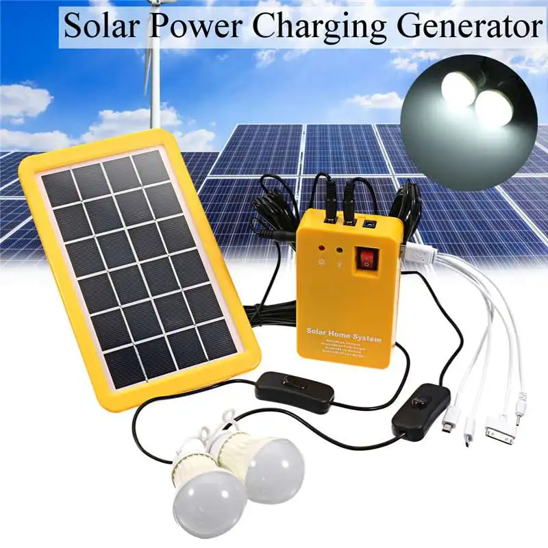 

3W Solar Panel Emergency Light Kit, Solar Generator 4 Heads USB Charger Cable with 2 LED Light Bulb for Outdoor Camping