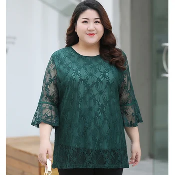 

Large Lize Women's Lace Shirt 2020 New Summer Loose Casual Thin Top Female Round Neck 3/4 Sleeve Blusas 3XL-7XL L442