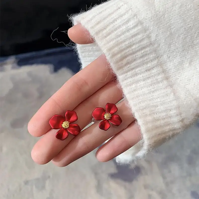 S925 Silver Flower Earrings Red Petals Net Red Temperament Cute Small Flower for Female Jewelry flower earrings