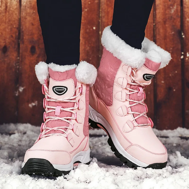 Pink Белые кожаные ботинки; женские зимние ботинки на платформе; коллекция года; модная зимняя обувь; женская теплая обувь на меху со шнуровкой на плоской подошве; Лидер продаж; большие размеры - Цвет: Pink