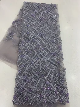 

5 Yards Fashion Violet 3D Floral French Tulle Lace Fabric With Purple Beads & Sequin Handmade Embroidery Net Sequence Dress Lace