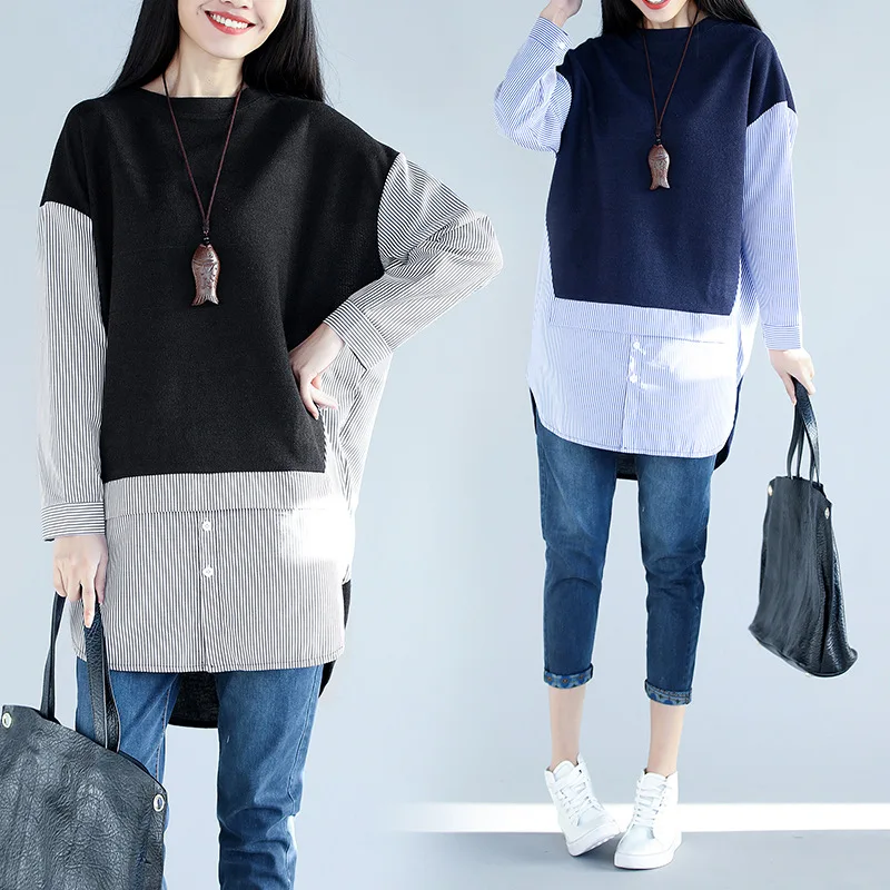 

2019 Spring And Autumn New Style Literature And Art WOMEN'S Blouse Bat Long Sleeve Joint Stripes Mock Two-Piece Base Blouses