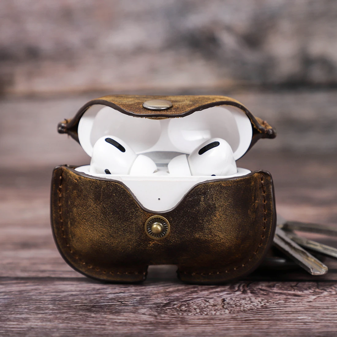 Case de Couro para Airpods Carregamento sem Fio Bluetooth com Chaveiro Pro e Airtag Retro Capa Airpod Caixa Acessórios 3 - Image 2