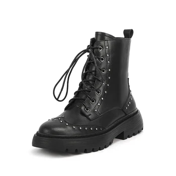 

Genuine Leather Chunky med Heels Women's Ankle Motorcycle Boots Vintage Retro rivets Winter ladies Boots lace up Shoes Woman