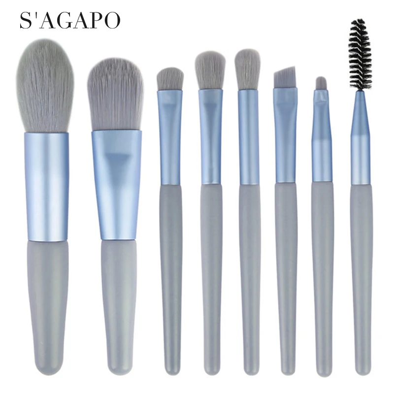 

S'AGAPO 8pcs Mini Eyeshadow Makeup Brushes set Matte Wooden Handle Foundation Eyebrow Blush Concealer Lips Beauty Makeup tools
