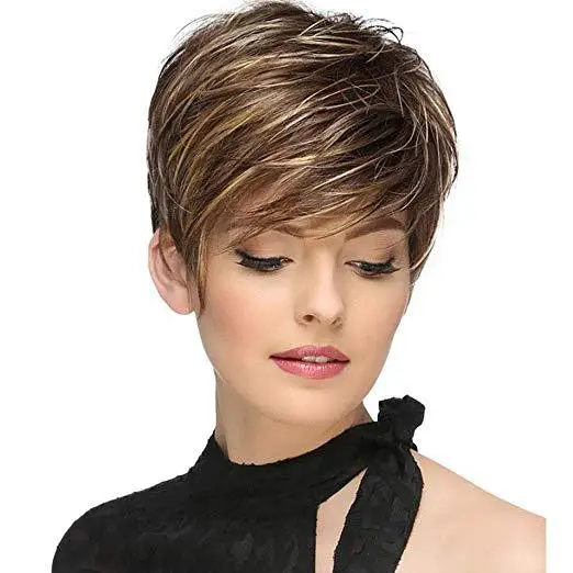 JOY&BEAUTY Synthetic Short Straight Wig for Women Wigs With Bangs Natural Mixed Brown Wig Daily Use Heat Resistant Fiber