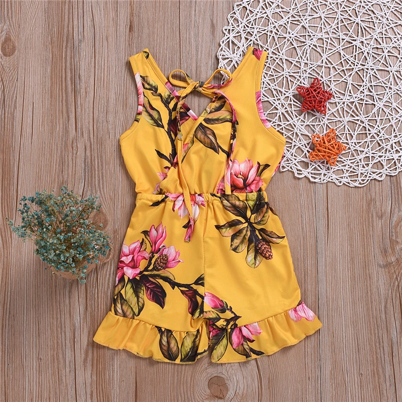 Boho/детский летний комбинезон с цветочным принтом для маленьких девочек; пляжная одежда для девочек; расклешенные брюки без рукавов с цветочным узором и v-образным вырезом; комбинезоны