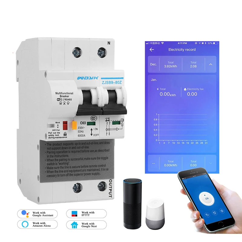 

The second generation 2P WiFi Smart Circuit Breaker with Energy monitoring and meter function for Amazon Alexa and Google home