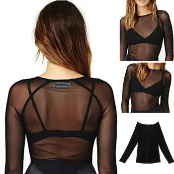 

Women Hollow Mesh Net T-Shirt Long Sleeve Tee Tops Female Transparent See Through Slim Sexy Black O Neck T Shirts Clubwear