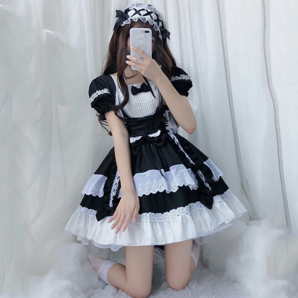 Black dress Японские девушки милое платье лолиты, в готическом стиле, платье принцессы кружева суд платья Костюмы для косплея Винтаж одежда с длинным рукавом, с бантом, бальное платье - Цвет: Black dress