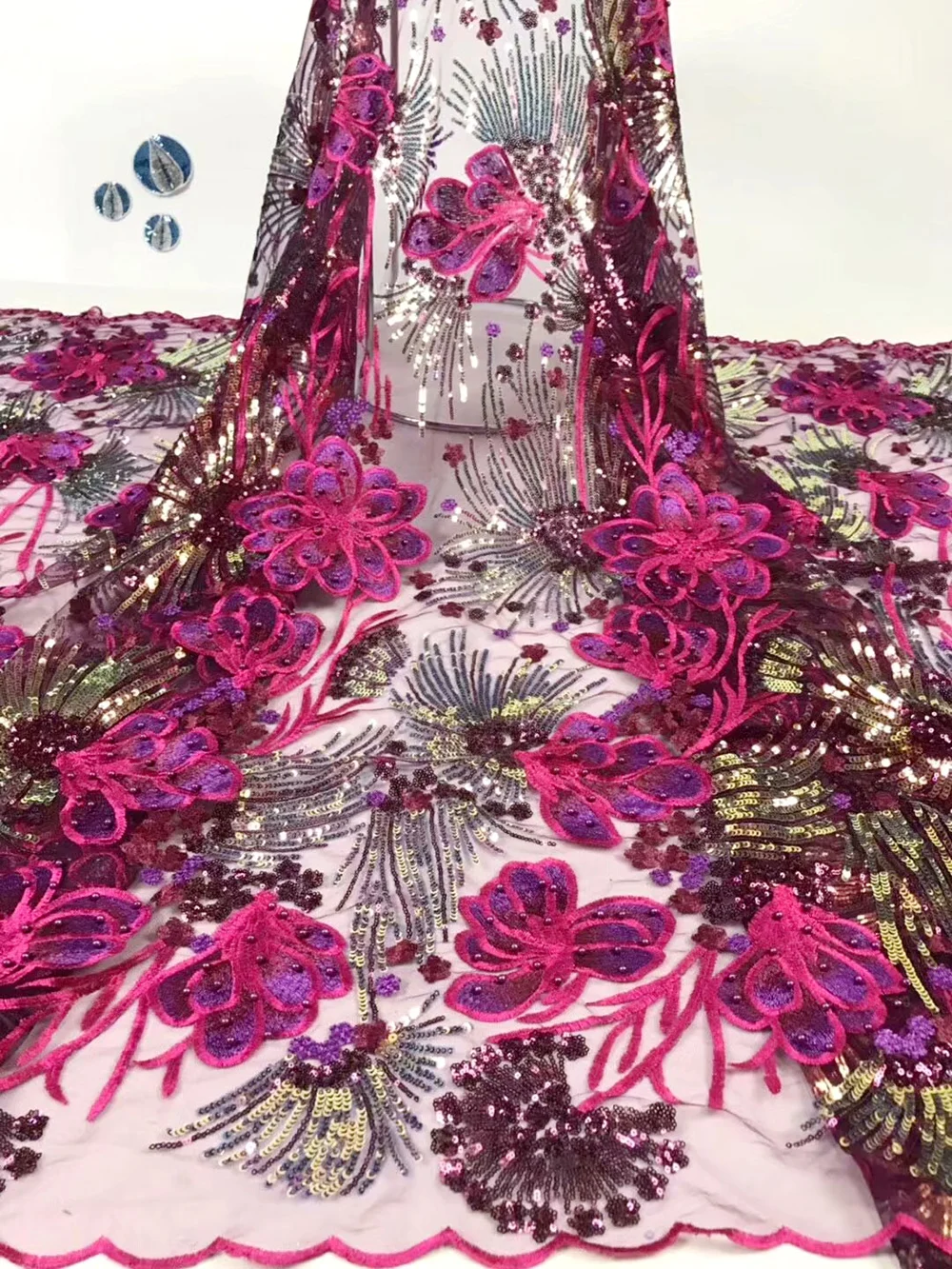 

African Sequins Lace High Quality Embroidered African Net Fabric Fuchsia French Bridal Lace For Evening Dress