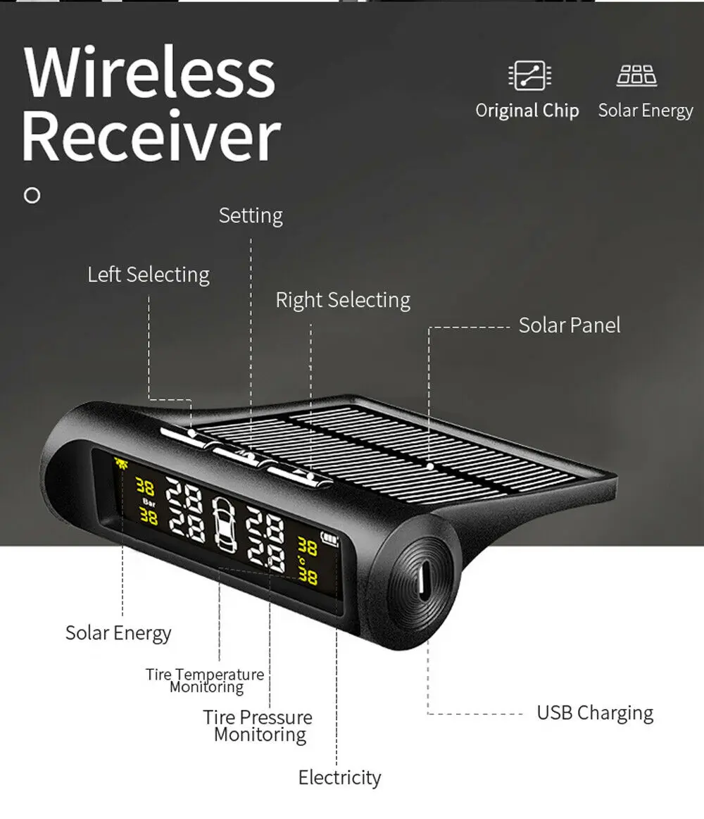 Беспроводной TPMS солнечной энергии давления в шинах ЖК-дисплей TPMS система мониторинга с 4 внешними датчиками автоматическая система сигнализации безопасности