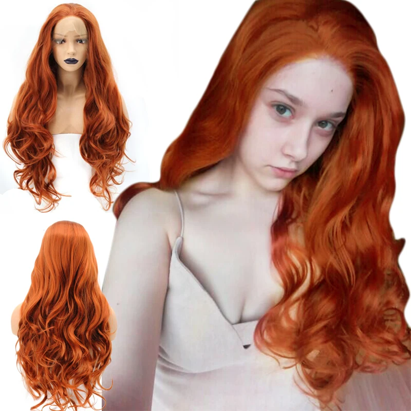 Online Peluca frontal de encaje sintético rojo cobre onda larga Natural anaranjada fibra libre de alta temperatura Anogol para mujeres blancas