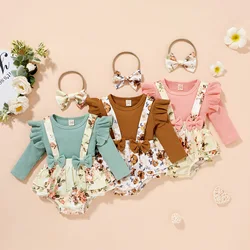 Tenues décontractées pour nouveau né fille, T shirt à manches volantées côtelées à col rond + salopette à imprimé floral avec nœud papillon + bandeau 3 pièces 