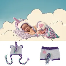 

New Crochet Unicorn Newborn Photo Props Knitted Baby Hat and Diaper Set Infant Girls Cartoon Costume for Photo Shoot Fotografia