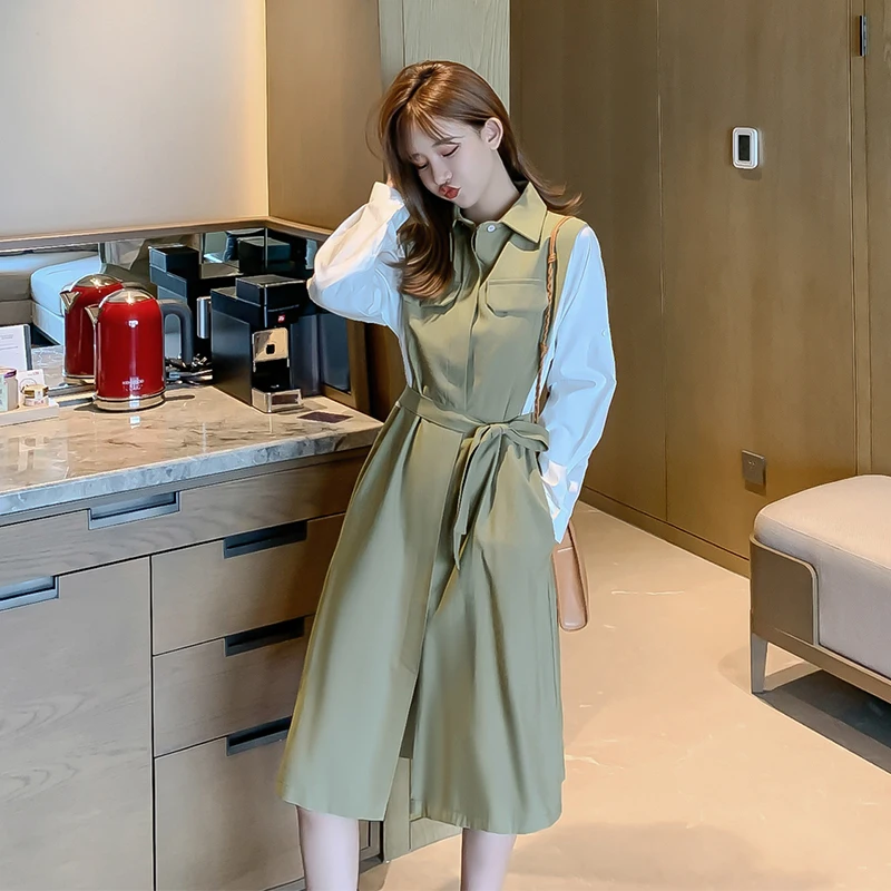 

Early Autumn Small Lapel Dress Stitching High Waist Bow Belt Slim Long-sleeved Straps Long Women's Dress Vestidos Largos