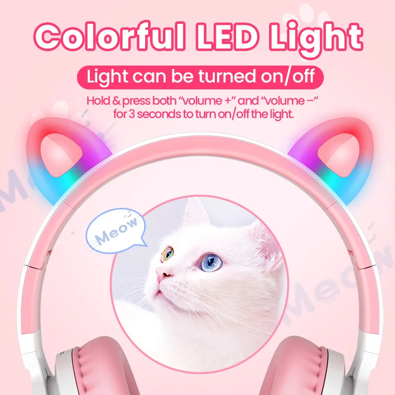 Kids wireless bluetooth headset music stereo noise canceling headphone LED luminous cat ear girl daughter gift with microphone