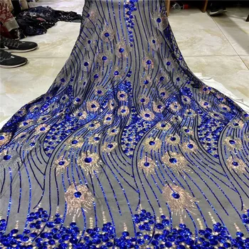 

2020 New Design African Lace Fabric High Quality French Nigerian royal blue sequins Embroidered Tulle Lace Fabric With Sequins