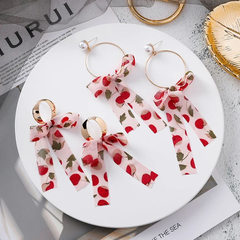 

Korea S925 Silver Needle Chiffon Print Cherry Bow Earrings for Women Exaggerated Sweet Girl Hoop Earring