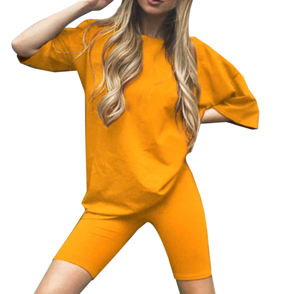 Summer 2020 Women Set O Neck Loose Short Sleeve Top Shirt And Biker Shorts Casual Two Piece Sets White Outfit Suit with belt