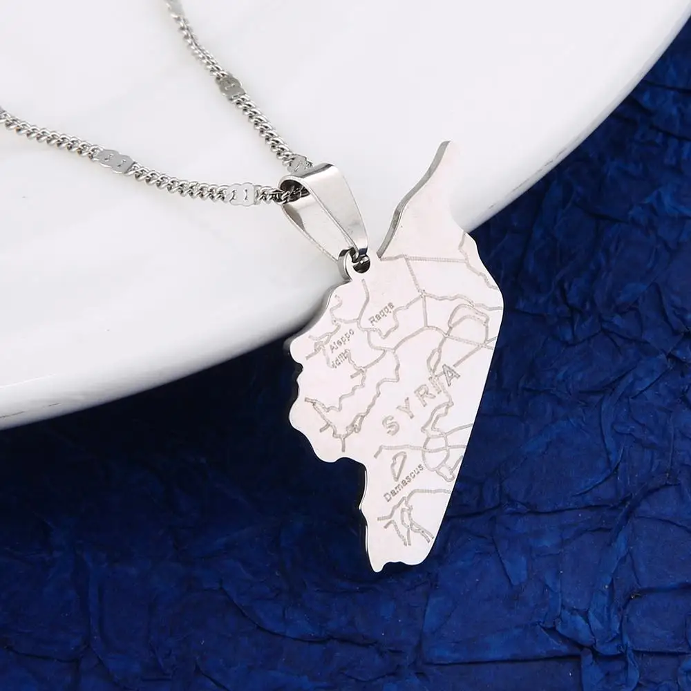 KANGQL Syria Flag Map Pendant Necklace - Stainless Steel Chain Jewelry For Women & Men (Gold/Silver)