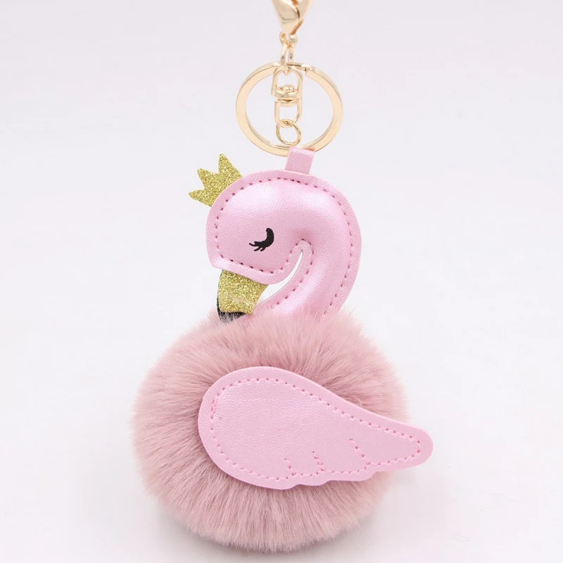 Lindo rosa flamingo llavero pompón Cisne clave cadena Bola de piel de conejo de imitación mujeres coche bolsa pompón llavero Pom titular de regalo