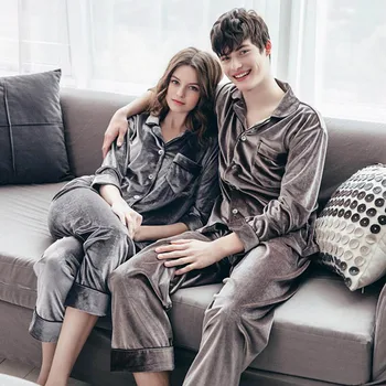 

Unisex Adult Couple Pajamas Winter Warm Thickening Women Pajamas Set 2 Pieces Gold Velvet Men Sleepwear Long Sleeve Pyjamas Suit
