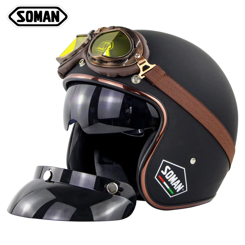 

Motorcycle Helmet Half Helmet Four Seasons Retro Helmet Electric Motorcycle Helmet Goggles Set for Men and Women
