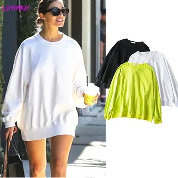 

2019 autumn and winter new women's network red fashion loose sets of round neck lanterns sleeves solid color casual Sweatshirts