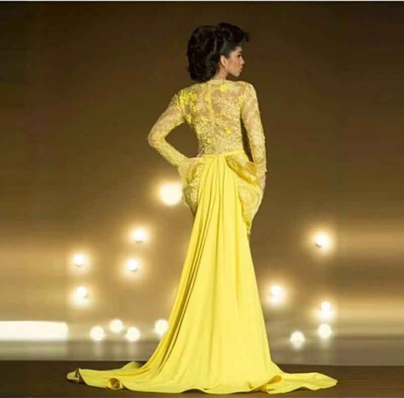 Vestido de Festa длинное желтое кружевное женское вечернее платье русалки с длинным рукавом, просвечивающее платье Casamento, платья для матери невесты