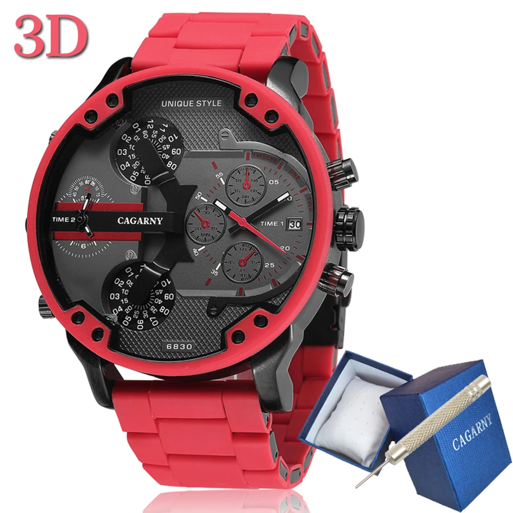 $24.2 Cagarny 57Mm Big Dial Red Watch Men Luxury Silicone Steel Band Mens Wristwatch Casual Quartz Wat