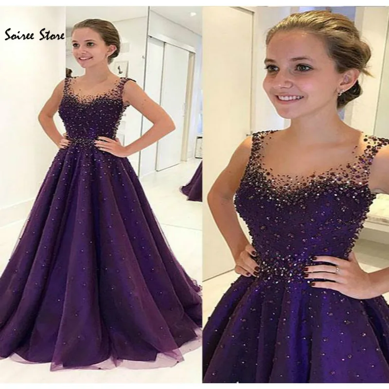 

Sparkly Purple Prom Dresses Fitted A Line Crystal Beaded Evening Dress Floor Length Tulle Flowy Junior Backless Graduation Dress