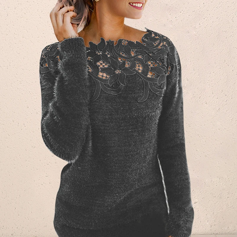 OEAK женский осенний кружевной свитер с длинным рукавом, однотонный сексуальный вязаный свитер с круглым вырезом, Женский пуловер большого размера
