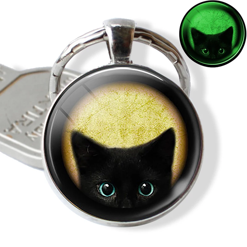 

Halloween Luminous Cat Keychain Keyring Glowing In The Dark Cat with Pumpkin Art Picture Glass Key Chain Keyholder Gifts