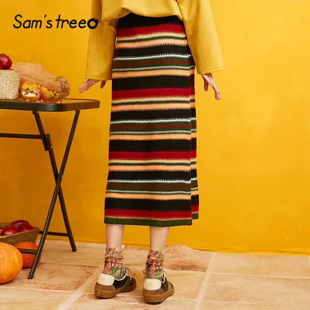 US $17.28 SAM'S TREE Colorblock Striped Knitted Pencil Skirts Women 2019 Autumn Black Solid Korean Style Casu