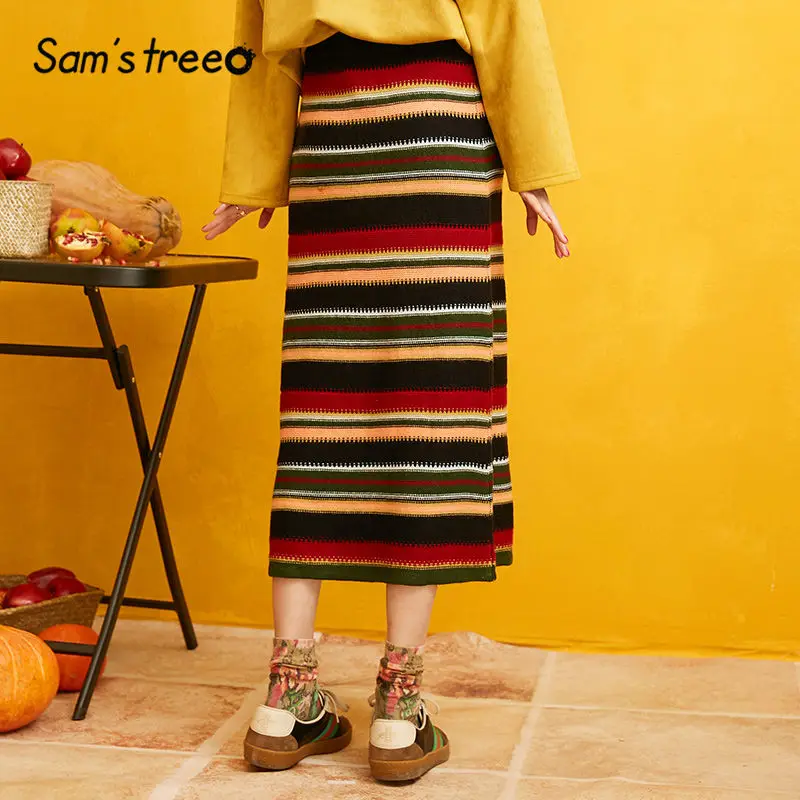 Comprar Sam s TREE Colorblock Striped Knitted lápiz Faldas Mujer 2019 otoño negro sólido estilo coreano Casual faldas de oficina para mujer
