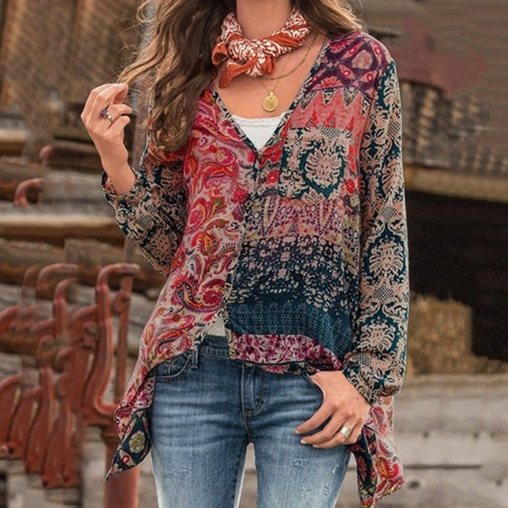 Laamei blusas camisa de talla grande 5XL, camisas bohemias con de pico, Blusa de manga larga, camisetas Sexy sueltas, Tops irregulares|Blusas y camisas| - AliExpress