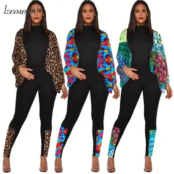 

Autumn And Winter New Puff Sleeve Round Nevk Print Splicing Winter Pan Women two piece sets Clothes