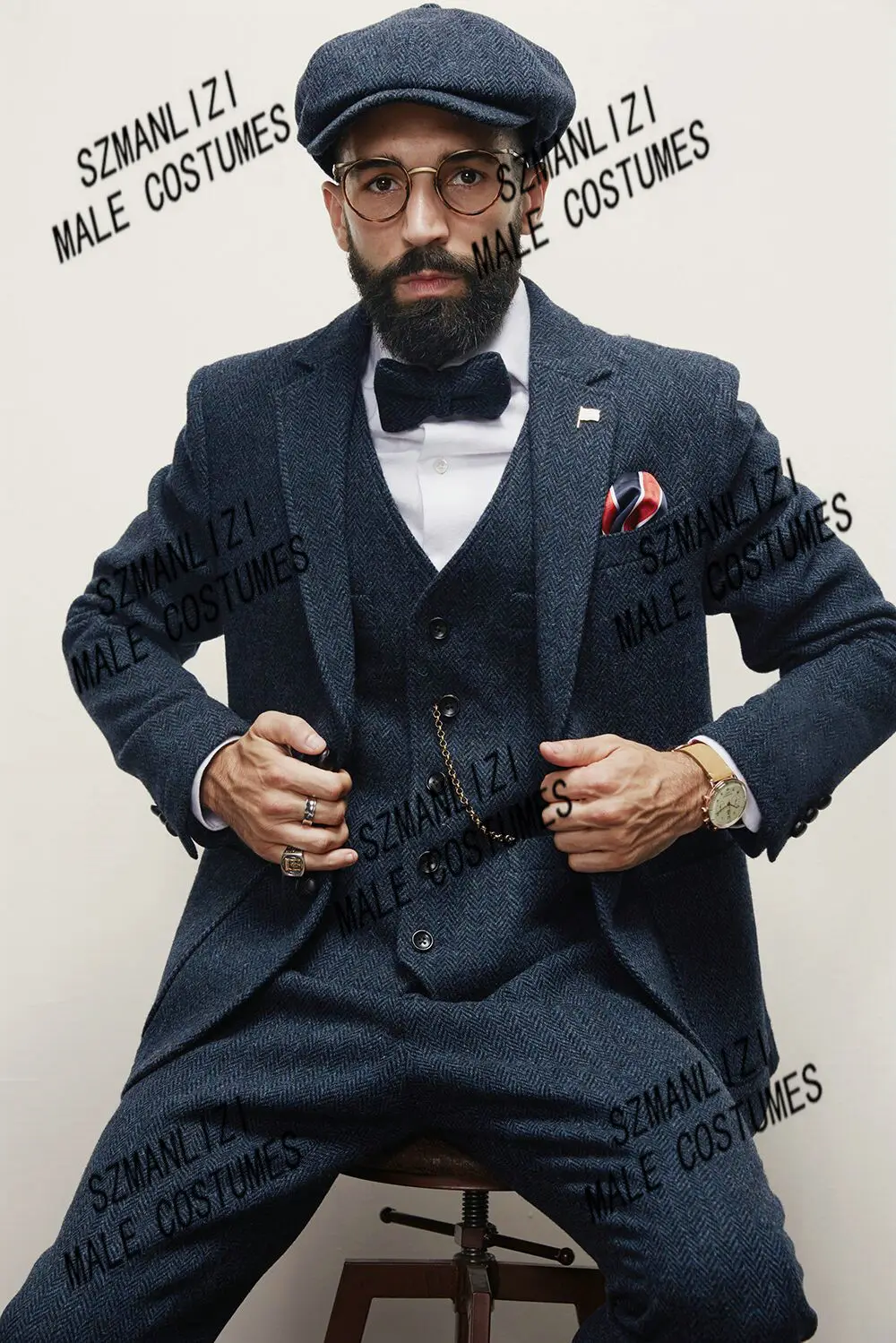SZMANLIZI Gentleman Business Men's 3 Pieces Suit Custom Made Grey Wool Herringbone Wedding Tuxedos Groom Party Blazer+Vest+Pants