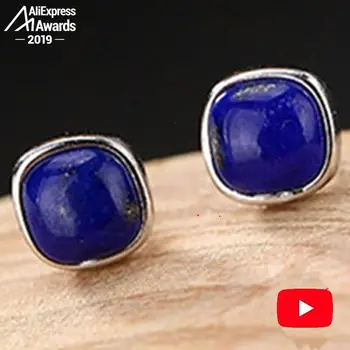 

6.18 Sale 925 Sterling Silver Dark Blue Stud Earrings Women Handmade Vintage Natural Retro Exquisite Semi jasper