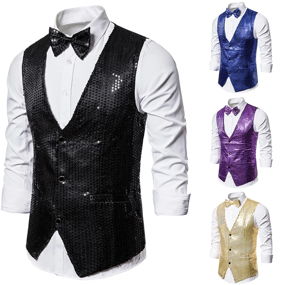 MoneRffi новые мужские Искрящиеся, с блестками жилет Slim Fit костюм с юбкой, костюм для сцены, ужин жилет для косплея на сцене; платье без рукавов с блестками