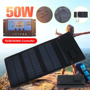 

50W Folding Solar Panel 5V Single USB Solar Cell+10/20/30/50A Charger Controller for Car Home Battery Yacht Boat Camping Outdoor