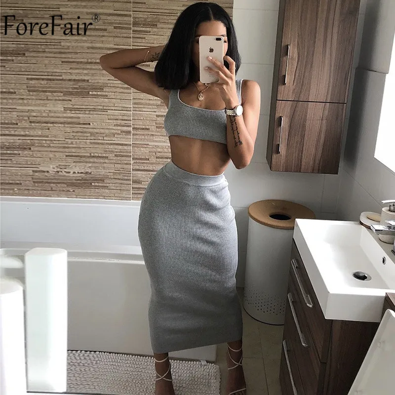 ForeFair, комплект из двух предметов, женское летнее вечернее платье на бретелях, неоновое, без рукавов, миди, сексуальное Клубное облегающее платье - Цвет: Серый