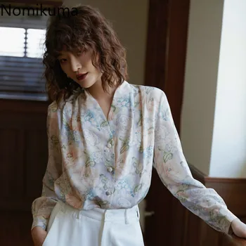 

Nomikuma V Neck Long Sleeve Elegant OL Blouse Women Floral Print Loose Shirts Female Single Breasted Temperament Tops 3a094