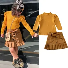 От 1 до 5 лет комплекты рождественской одежды для маленьких девочек однотонная Детская футболка с длинными рукавами юбки трапециевидной формы с бантом осенняя одежда