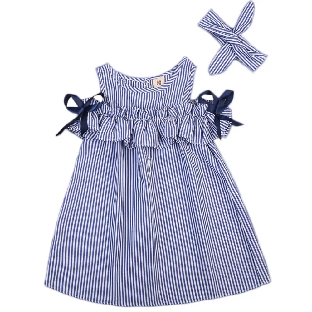 Hot New Summer Dress Toddler Kids Baby Girls Lovely Birthday Clothes Blue Striped Off-shoulder Ruffles Party Gown Dresses