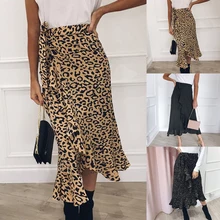 Женская сексуальная юбка в стиле бохо с леопардовым принтом, асимметричная свободная тонкая юбка, модная юбка с оборками, летняя женская юбка миди с высокой талией