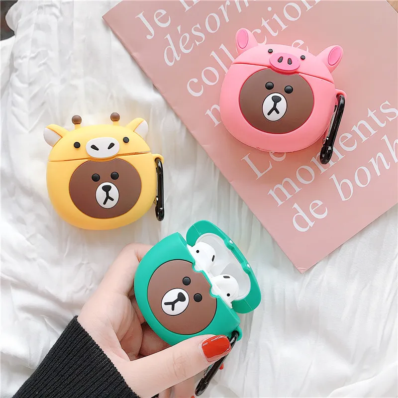 

Jamular 3D Bluetooth Wireless Brown Pig Earphone Case For AirPods Case Silicone Cute Cartoon Bear Cover Accessories